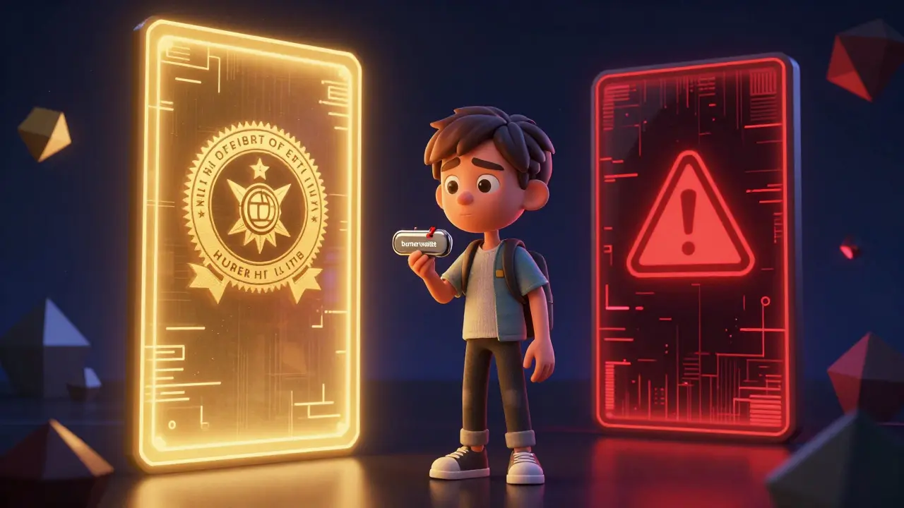 Person choosing between a glowing official portal and a glitchy scam portal in a digital space.