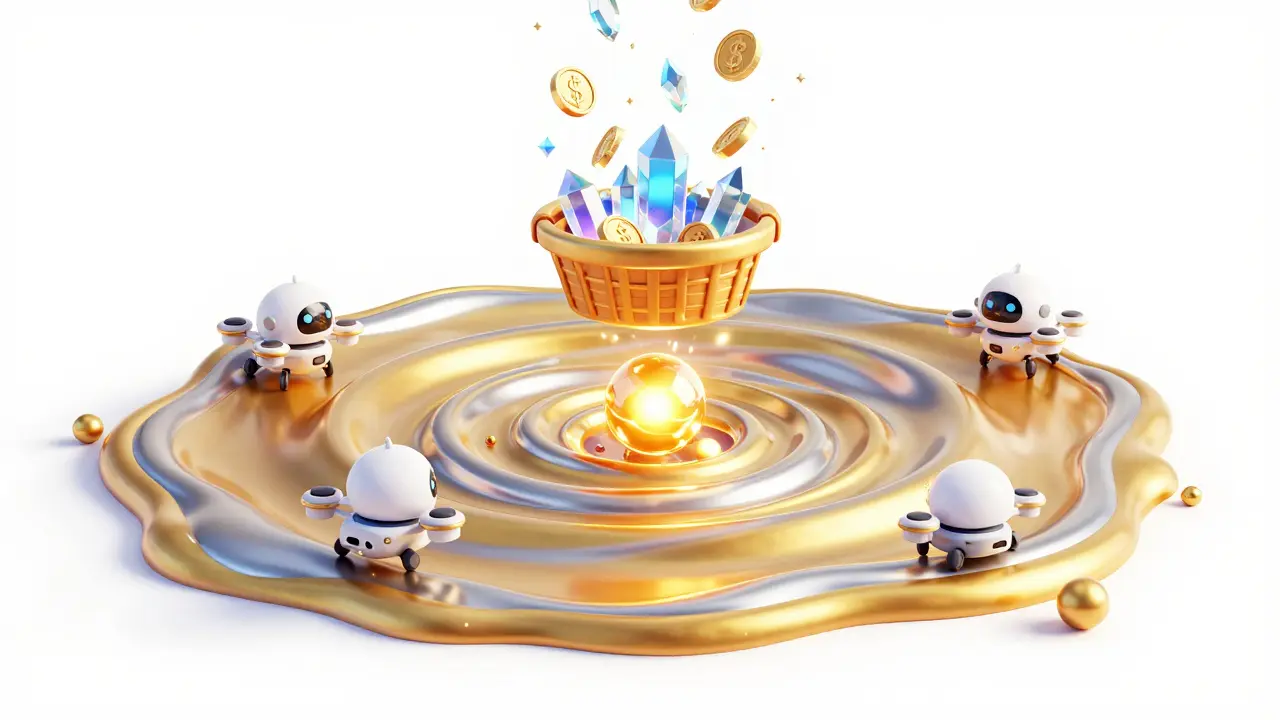 Robotic drones adding tokens to a swirling iridescent liquidity pool with falling rewards