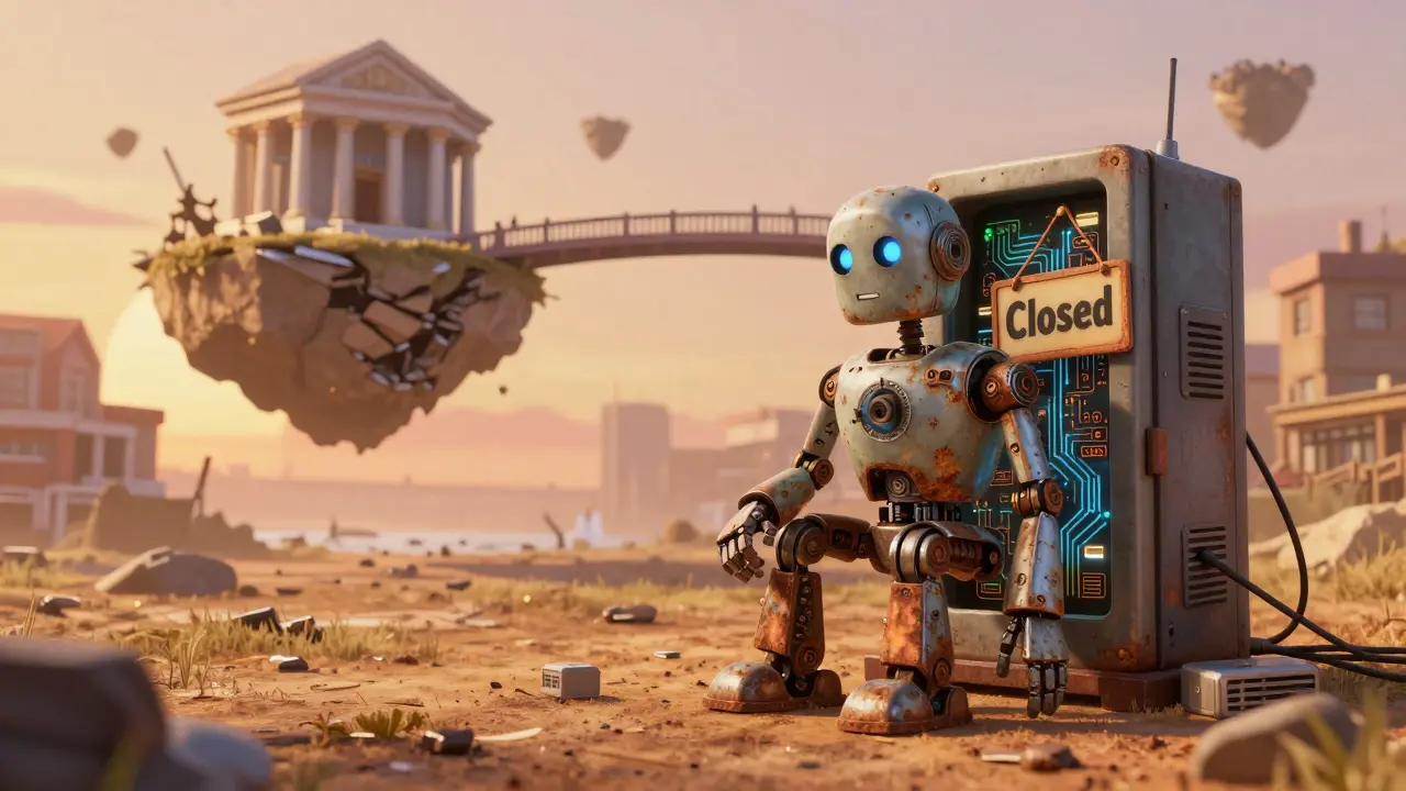 Rusted robot next to a closed terminal and a crumbling bridge between a bank and a crypto island