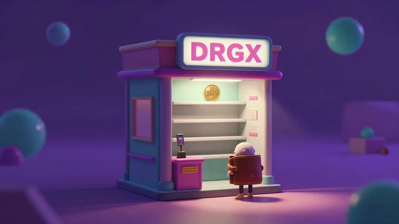 Small digital store with empty shelves and a single DRGX token