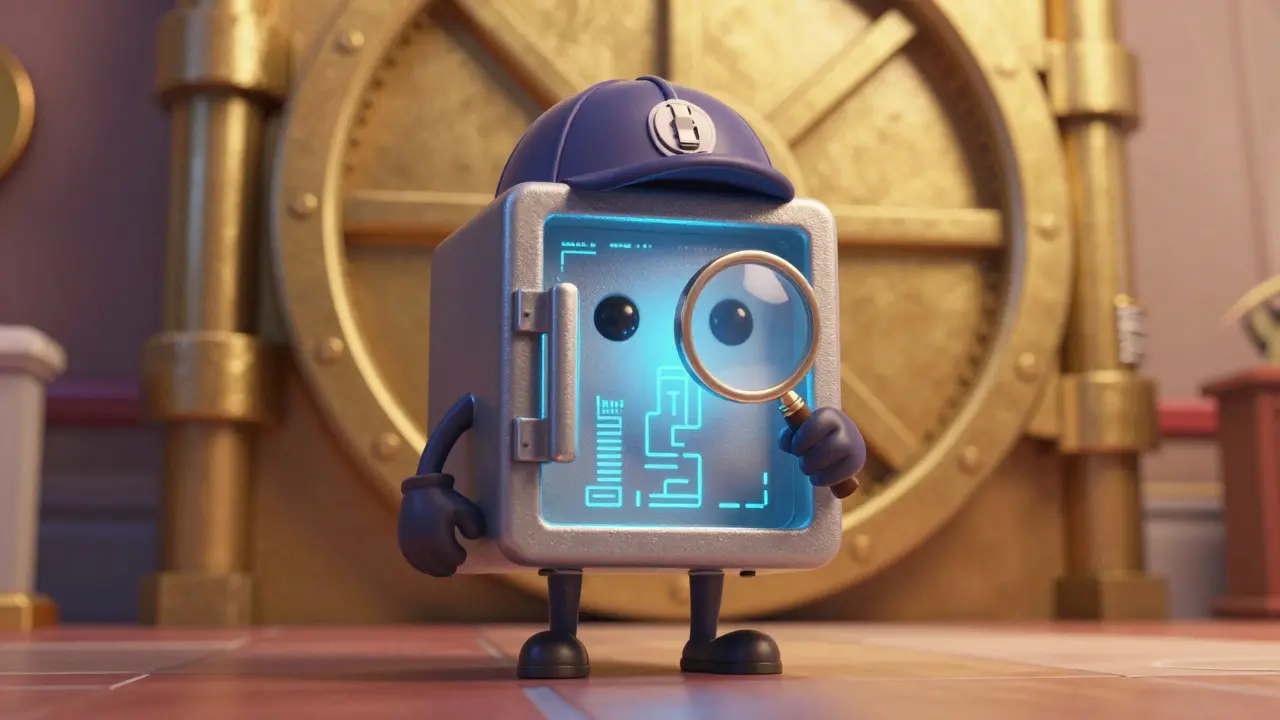 Small friendly safe guarding a large golden vault in Pixar style