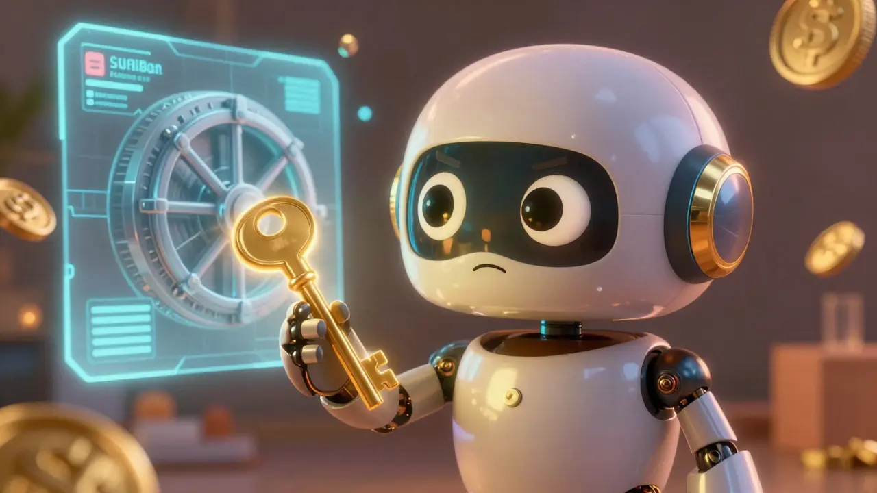 Small robot carefully holding a golden key in front of a digital vault in Pixar style.