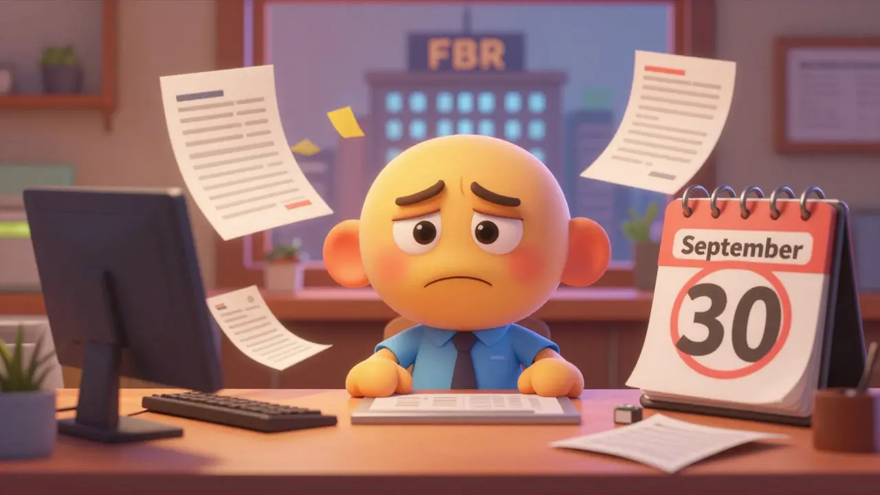 Stressed trader with financial documents and a September 30th deadline