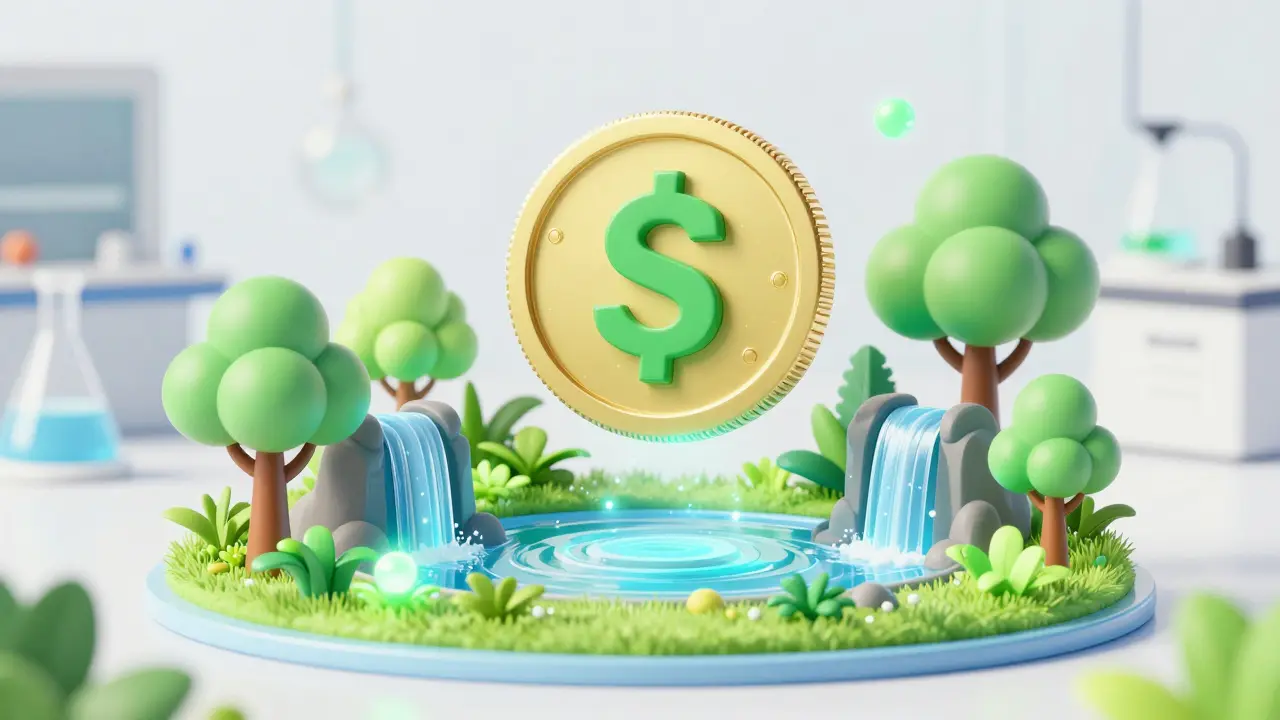 SUNI token floating above a vibrant green miniature forest in Pixar style