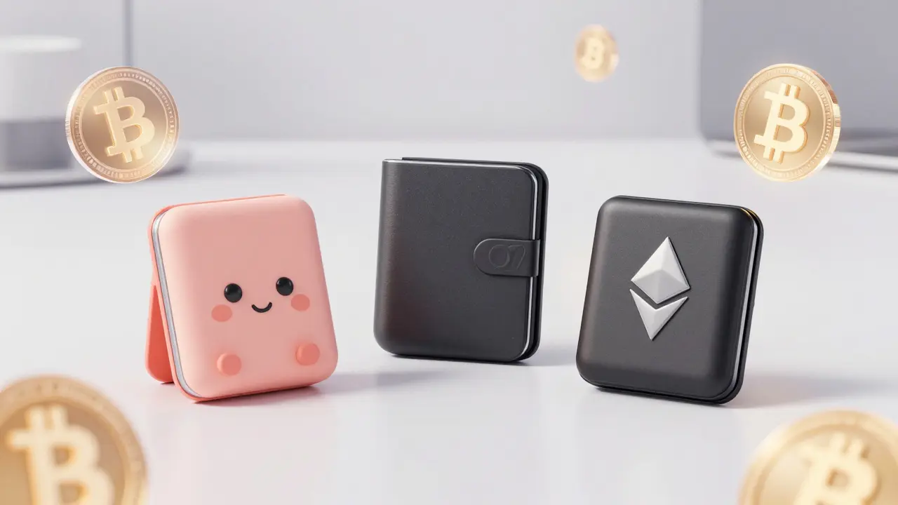 Three stylized hardware wallets surrounded by floating holographic cryptocurrency symbols.