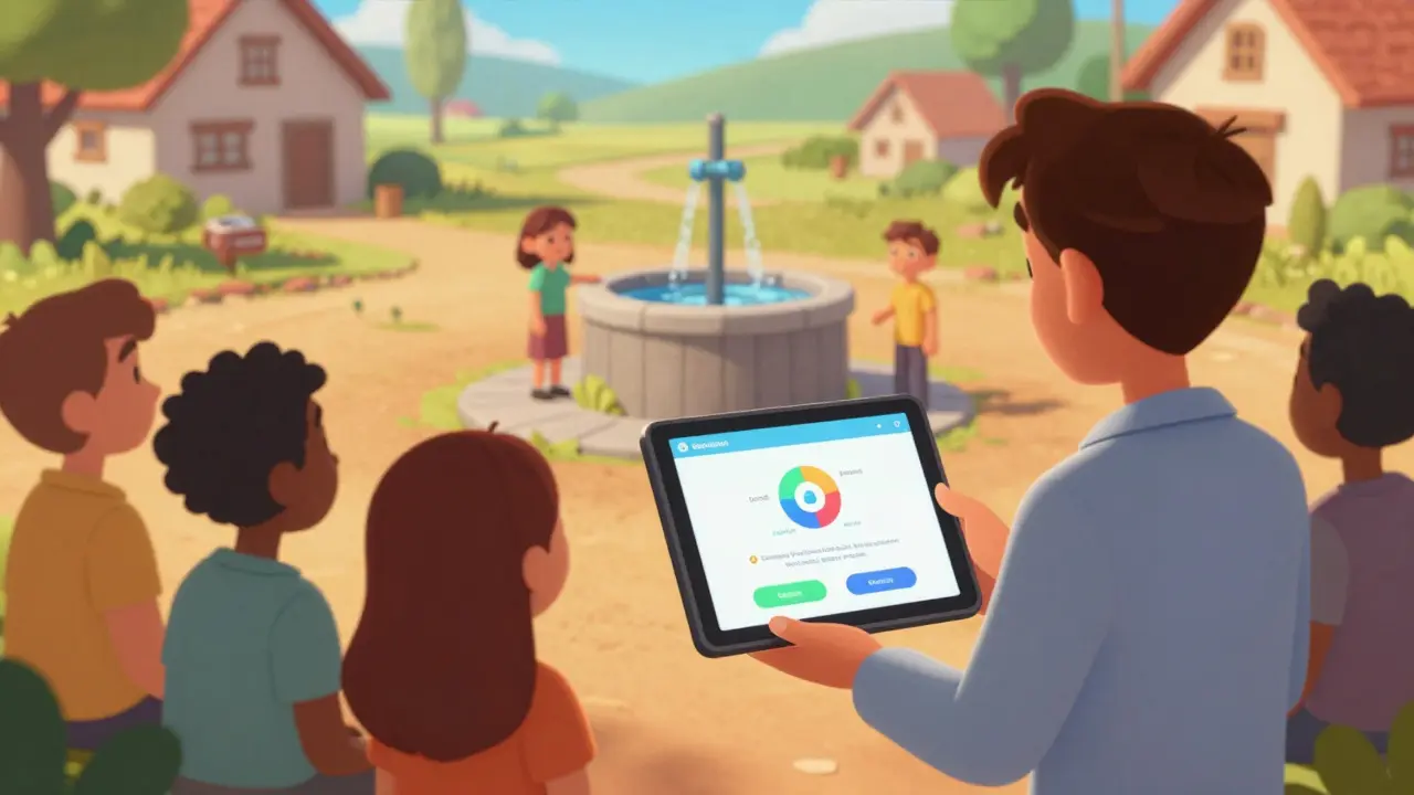 Village residents and an administrator using a simple tablet to track a completed water well project.