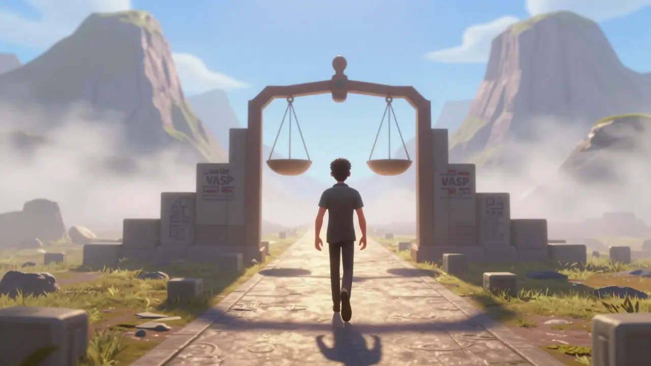 Walker emerging from mist toward justice scales gate.