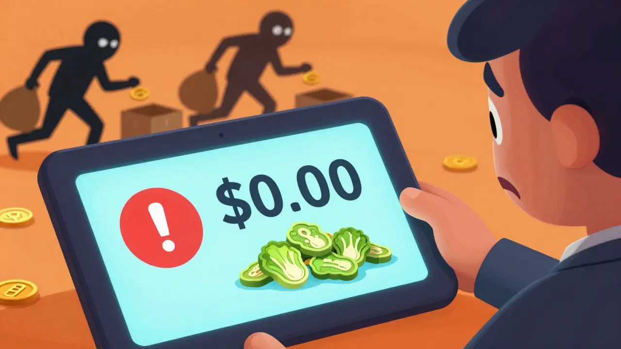A cartoon investor looking at a wallet showing zero value and scammer shadows in background.
