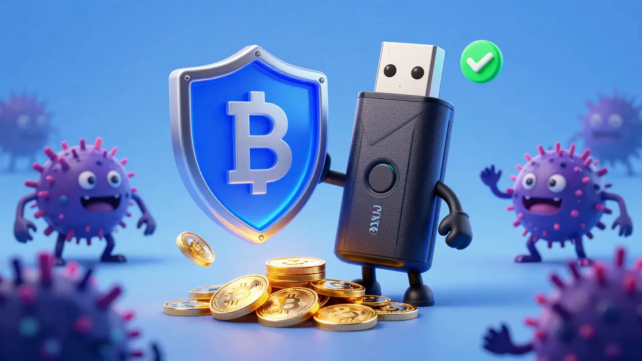A cute hardware wallet character protecting crypto assets from digital threats.