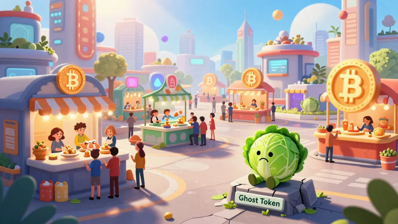 A lonely cabbage token ignored in a busy, bright crypto marketplace full of active traders.