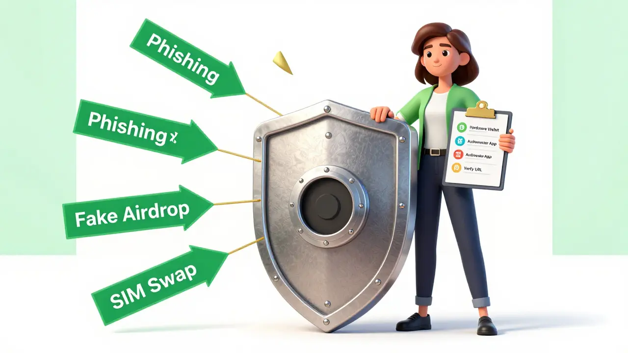 A user protected by a hardware wallet shield against various crypto scam threats.