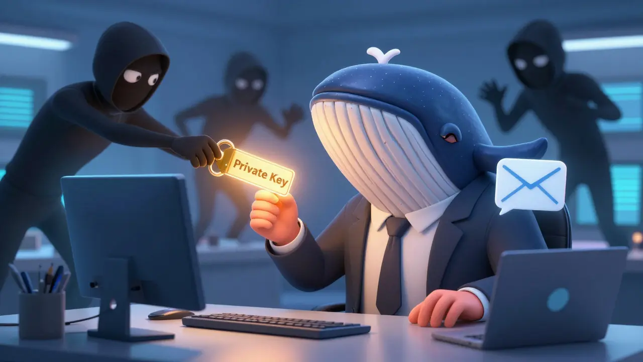 A wealthy executive being tricked by shadowy hackers into giving up a private key.