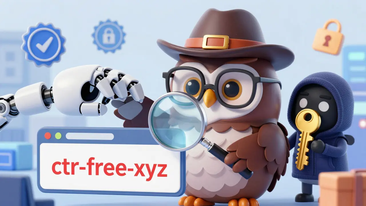 A wise owl detective exposing a fake website while protecting a user's private key from hackers.