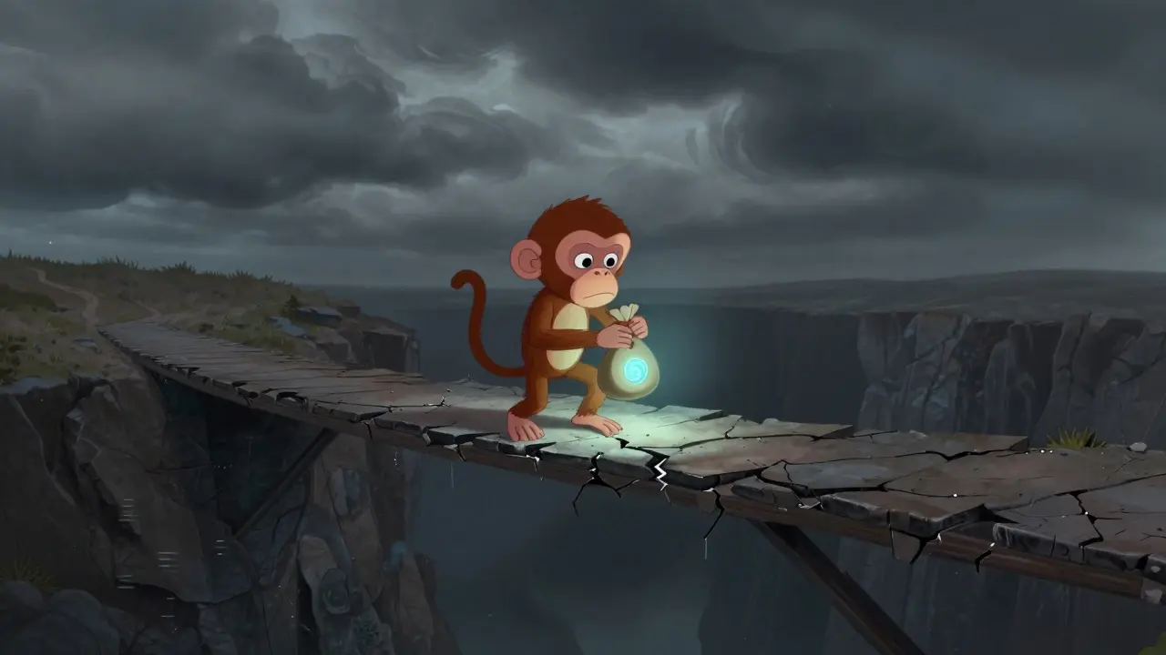 A worried cartoon monkey standing on a crumbling bridge over a dark abyss, symbolizing risk.