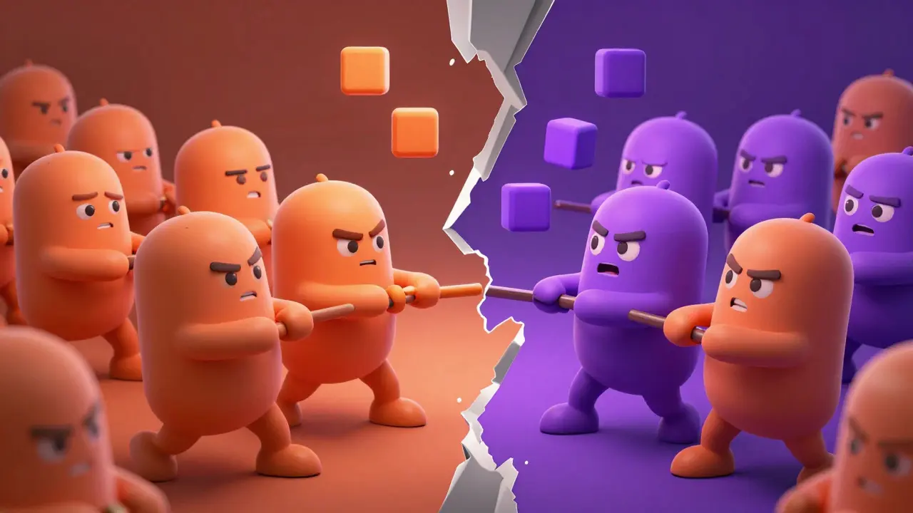 Animated characters pulling apart in opposite directions, illustrating a contentious blockchain split and community disagreement.