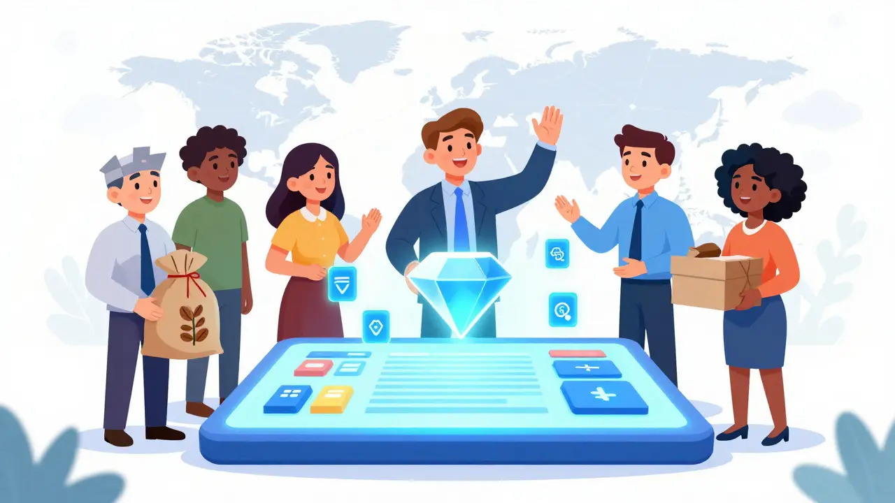Business characters sharing blockchain ledger and goods