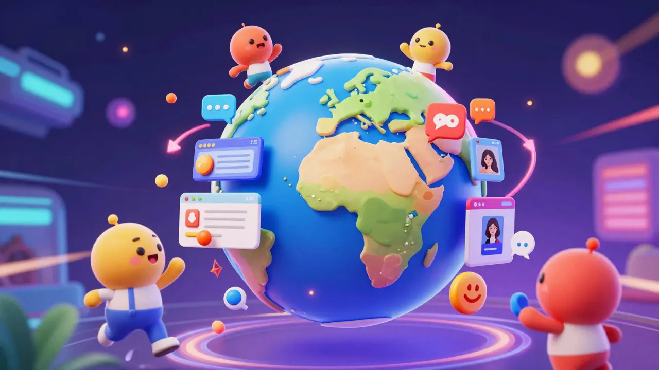Cartoon avatars playing together on a colorful virtual planet