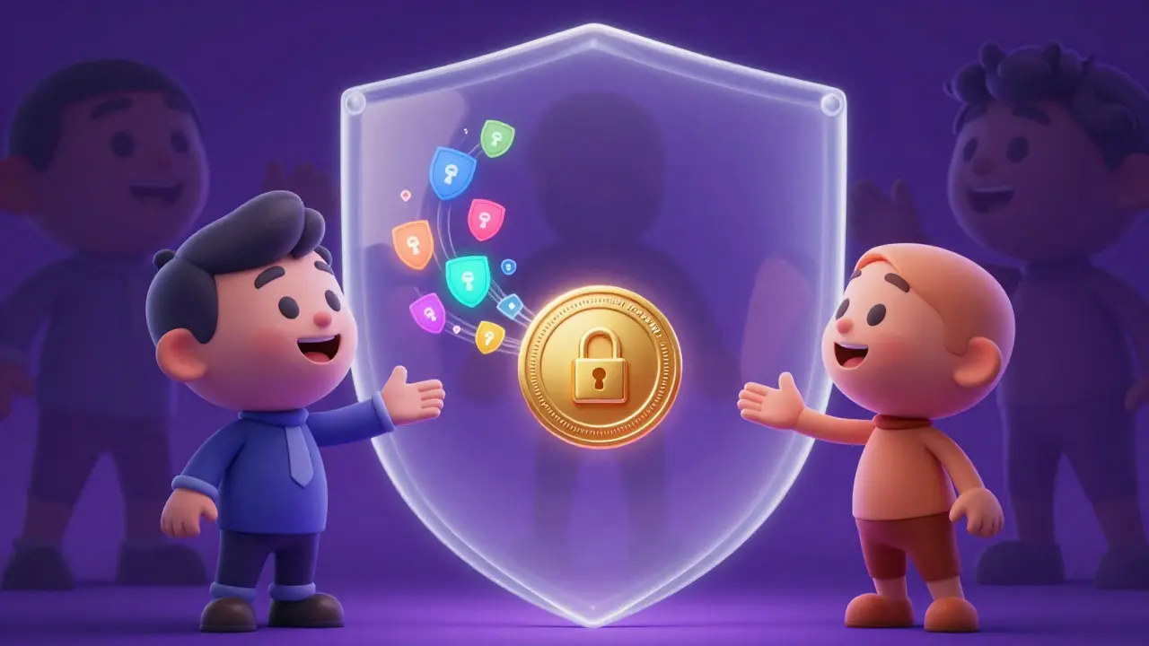 Cartoon characters exchanging tokens protected by a glowing privacy shield