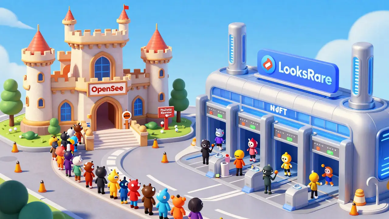 Cartoon comparison of two marketplace buildings: one with a long review line, the other with fast volume-based entry.