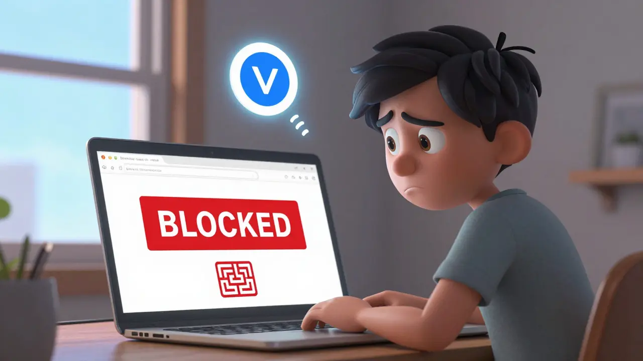 Cartoon user facing blocked website access with a VPN workaround icon.