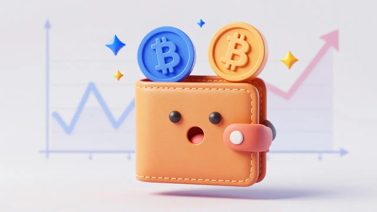 Cartoon wallet character holding two new coins from a blockchain hard fork airdrop.