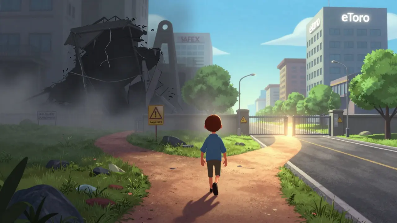 Character choosing a safe, bright path over a foggy, risky crypto exchange route.