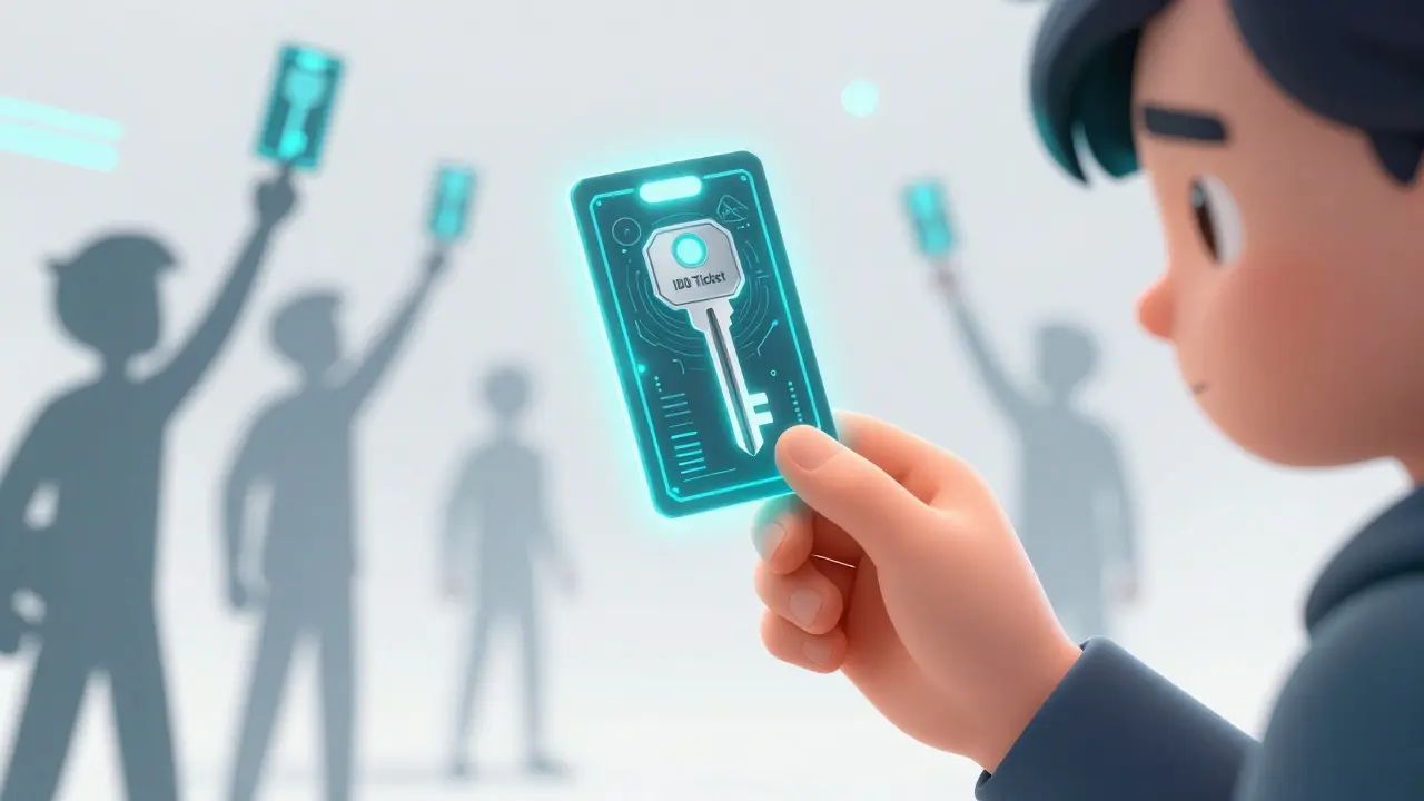 Character holding a glowing IDO ticket key card amidst competitive silhouettes in a digital space.