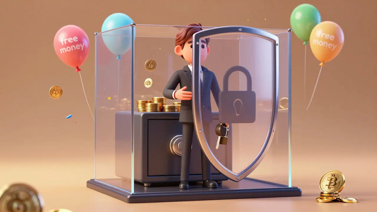 Character protects assets behind a shield while rejecting fake free money offers.