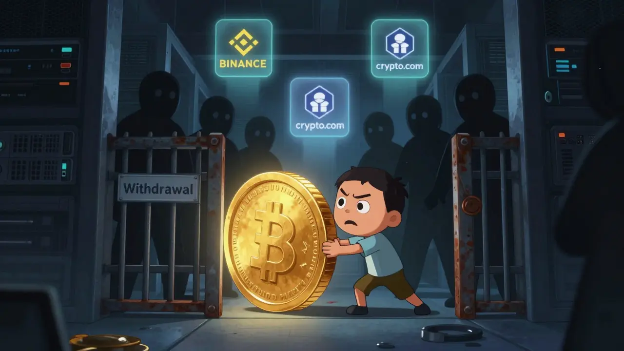 Character struggling to withdraw crypto coins through a blocked gate in Pixar style.