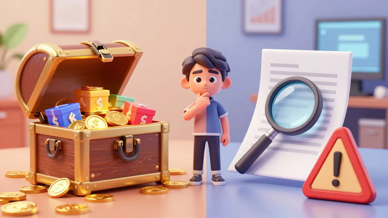 Character weighing a treasure chest against a warning sign and magnifying glass over documents.