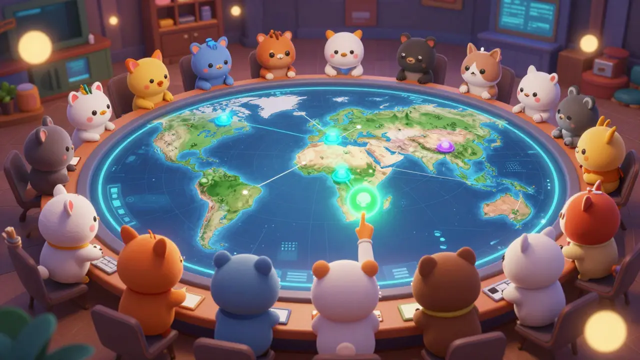 Characters analyzing cross-chain liquidity map in a control room