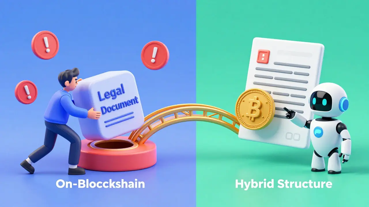 Comparison showing chaotic on-chain vs smooth hybrid token structures for RWAs.