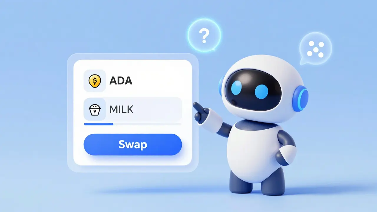 Cute robot guiding a user through a simple crypto swap interface