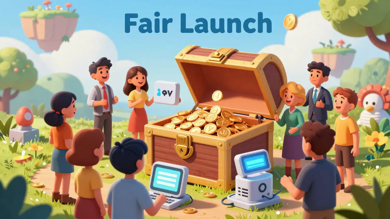 Diverse cartoon community fairly distributing crypto coins from an open chest