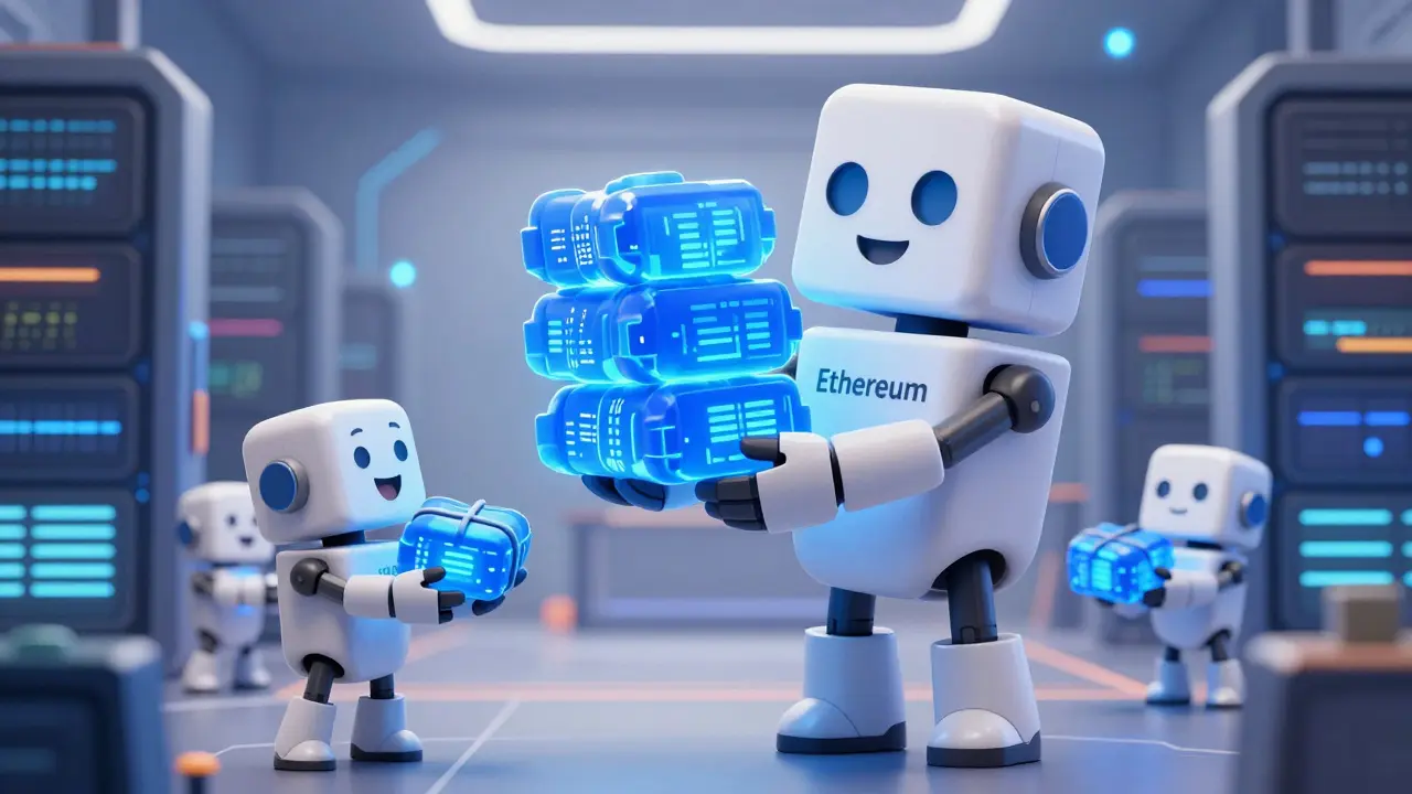 Ethereum robot handing data blobs to smaller Layer 2 robots