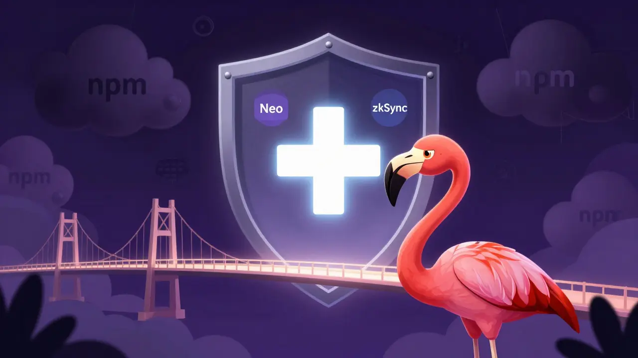 Flamingo character guarding a secure blockchain bridge from malware clouds.