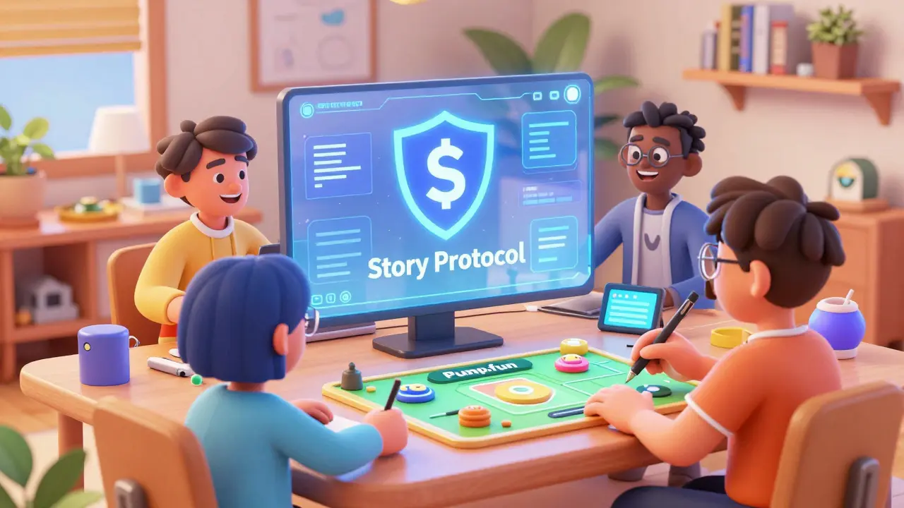 Friendly avatars collaborating on legitimate crypto projects like Story Protocol in a bright office.