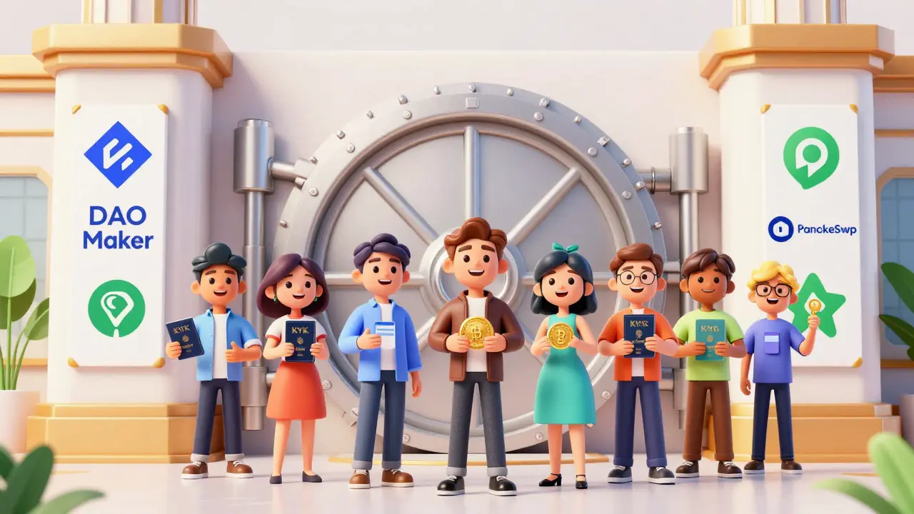 Friendly cartoon characters lining up with KYC passes at a secure crypto launchpad vault