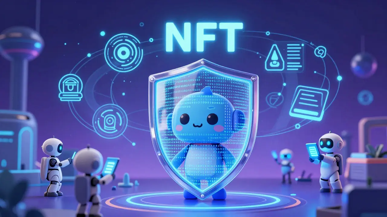 Futuristic Pixar-style scene showing cryptographic shields and algorithms protecting digital assets securely.