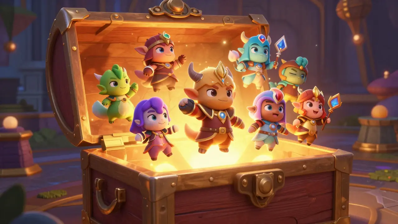 Glowing NFT heroes emerging from a treasure chest