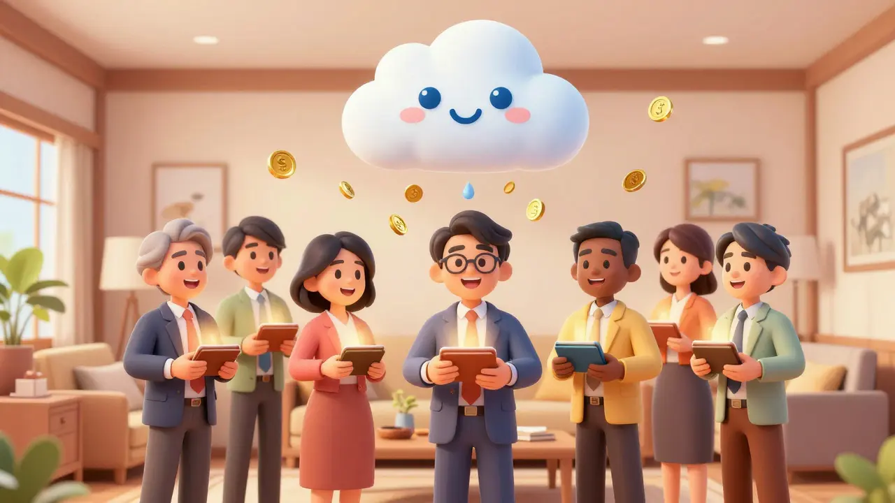 Happy Japanese investors with glowing wallets under a friendly tax reform cloud