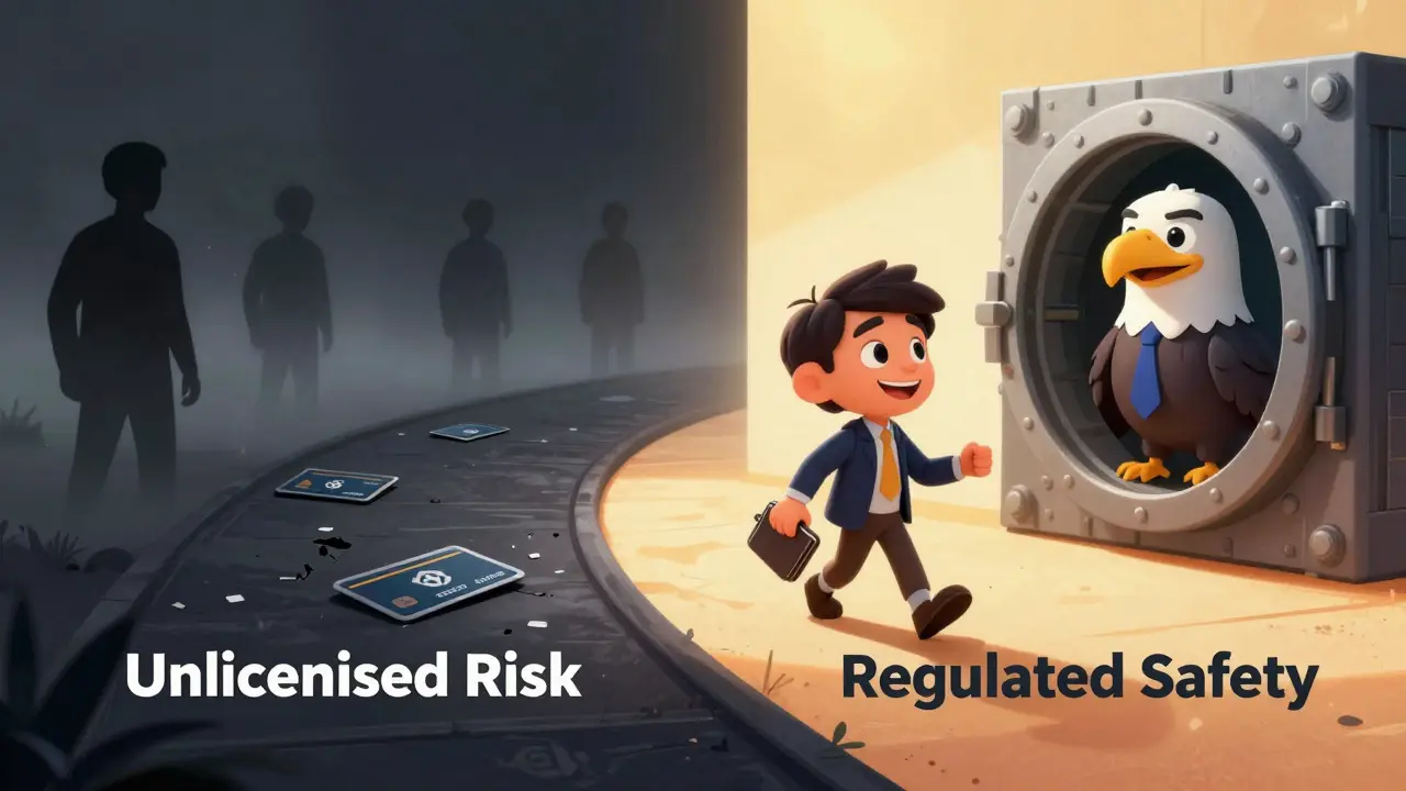 Illustration comparing risky unlicensed paths vs safe regulated crypto trading.