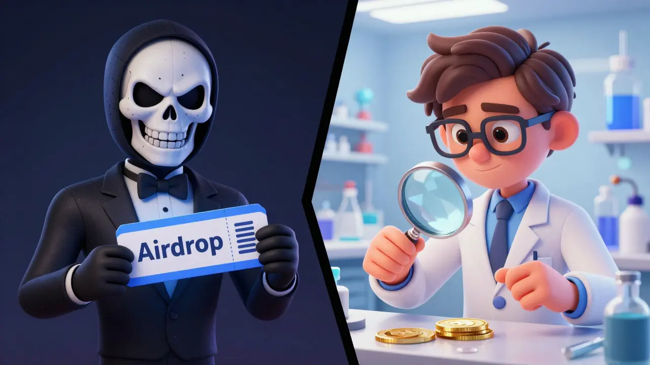 Illustration contrasting a shady scammer with a scientist verifying a genuine crypto token.