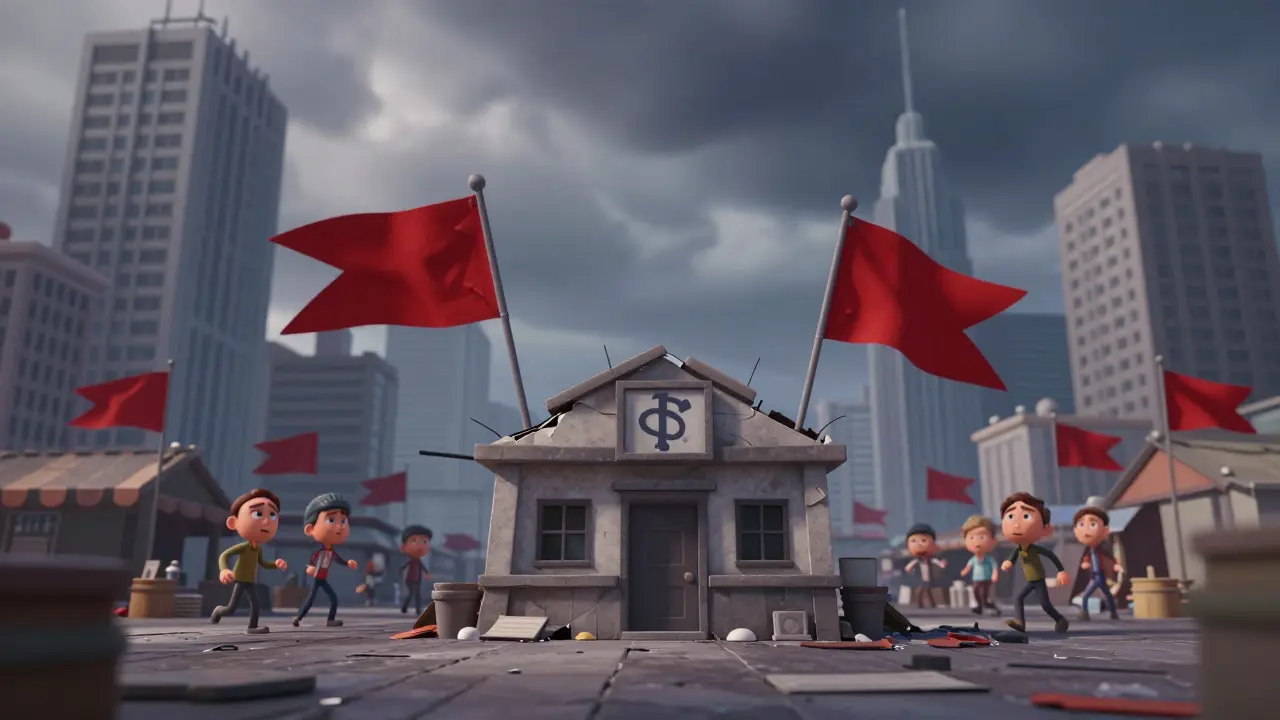 Illustration of a small exchange building crumbling amidst a stormy crypto market crash.