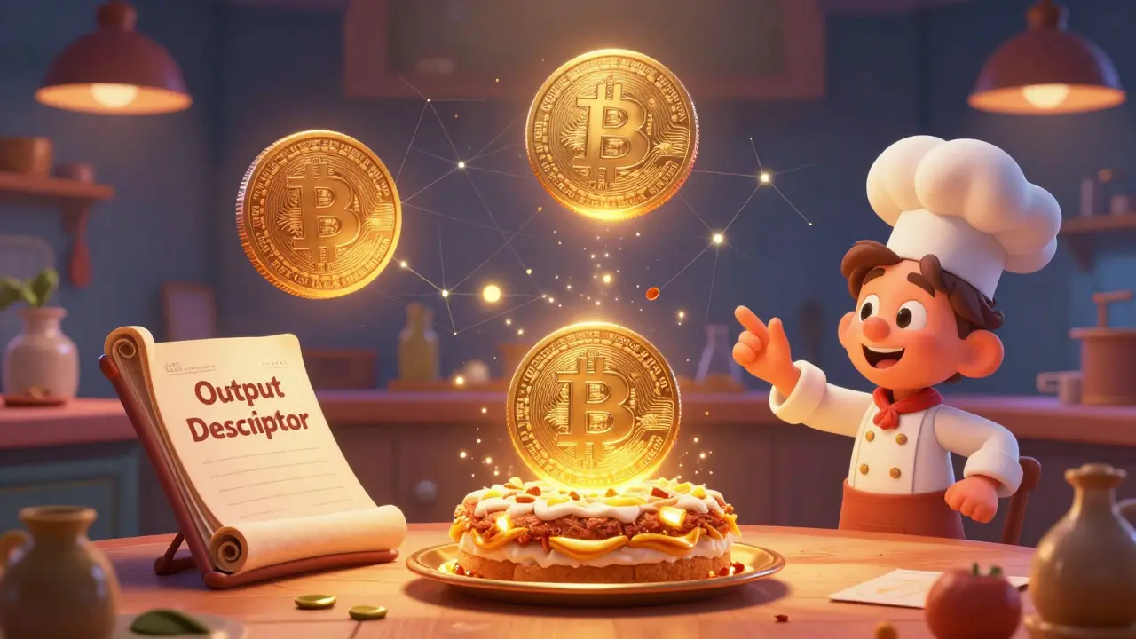 Magical kitchen scene where seed phrases and a descriptor combine to create a Bitcoin coin cake.