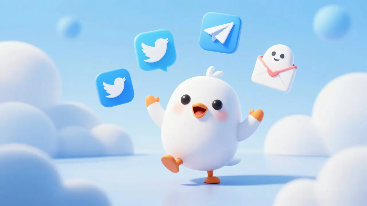 Mascot juggling social media icons in digital space
