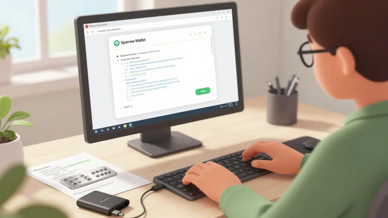 Person using desktop software with seed plates and hardware wallet on a calm, organized desk.