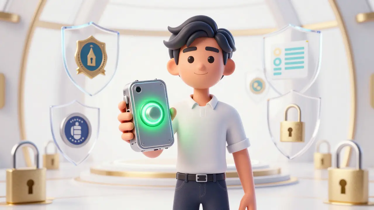 Pixar-style character holding a secure hardware wallet in a safe, protected digital space.