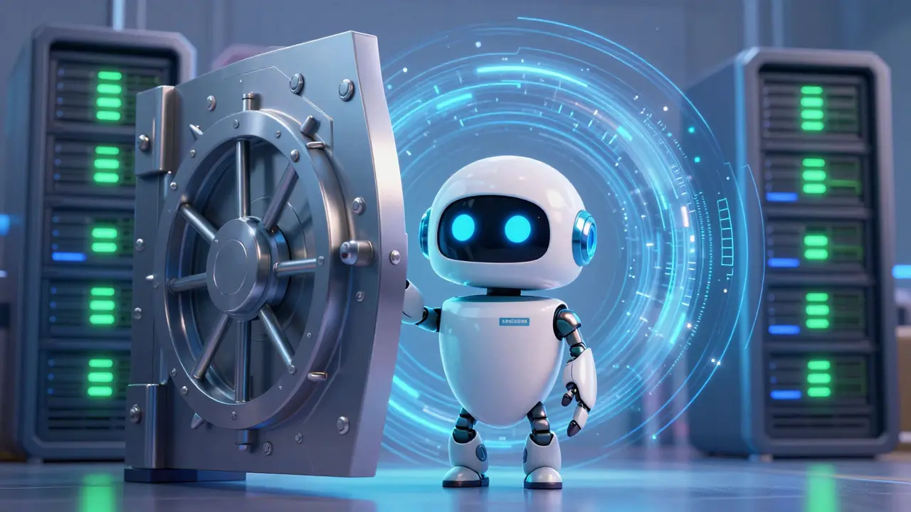 Robot guardian protecting a secure digital vault with data streams