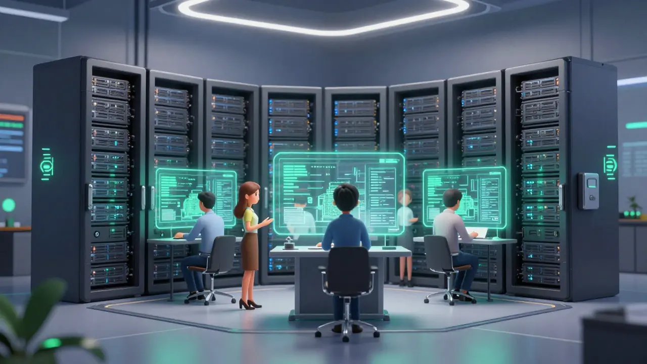 Secure corporate server room with trusted users managing fast private blockchain data.